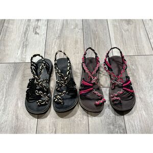 2 pair of ladies braided rope flat sandals cream/black & Navy/hot pink size S 7-